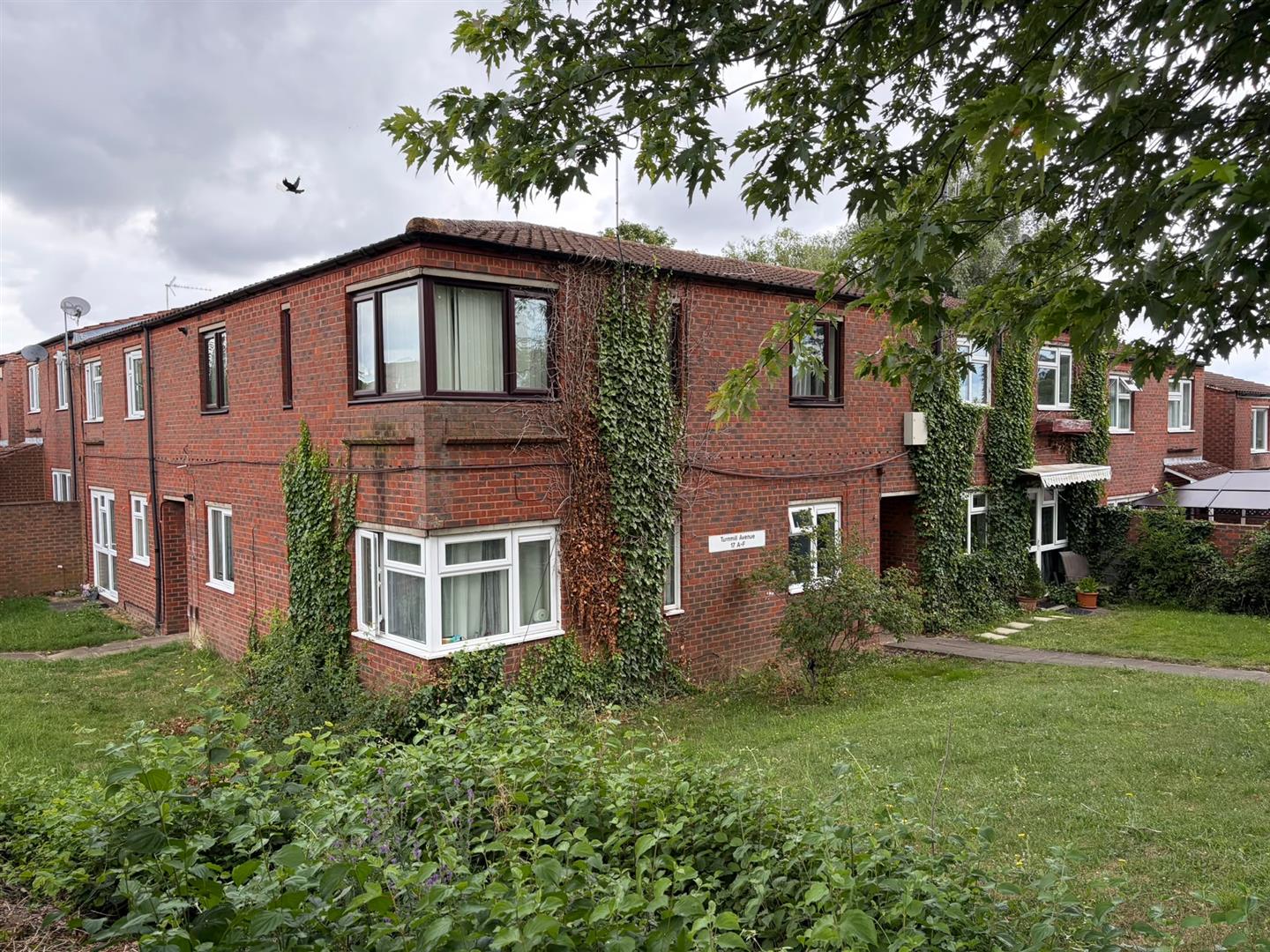 Two-storey brick flats with ivy and lawn