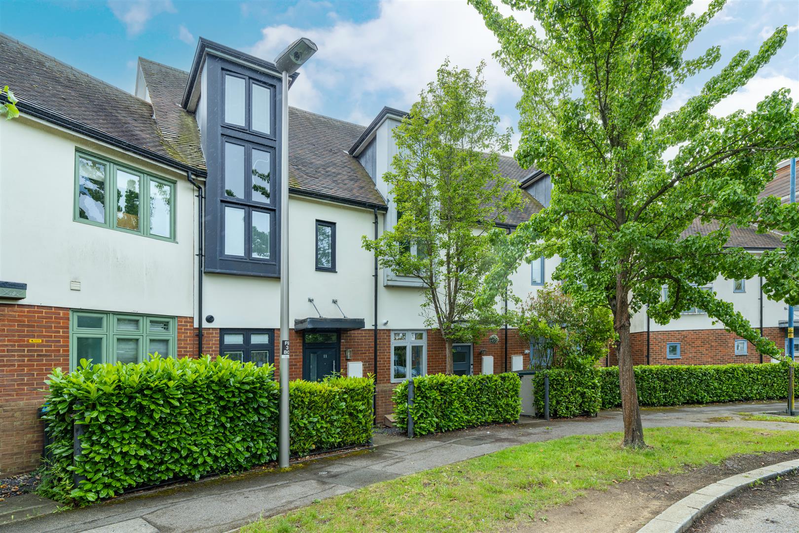 Modern terraced houses with trees and hedges